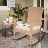 Mondeer Chaise de Jardin Exterieur Fauteuil à Bascule en Rotin Fauteuils de Salon à Bascule Rocking Chair avec Coussin D'assise Déhoussable Fauteuil Relax Jardin Plein Air Beige