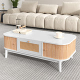 Sweiko Table basse en rotin blanc avec tiroirs en rotin et portes coulissantes avec lattes en bois massif, pieds en bois massif, 110 x 55 x 38,5 cm (L x l x H)