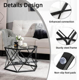 LIFEZEAL Table Basse en Verre Trempé, Table de Salon Hexagonal 65 x 56,5 x 40,5 cm, Table d'Appoint avec Cadre en Fer, Noir