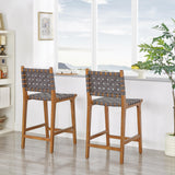 Ball & Cast Tabouret de comptoir tissé avec Dossier, Tabouret de Cuisine en Bois avec siège en Cuir PU, Tabouret de Bar avec Repose-Pieds pour Salle à Manger, Gris foncé