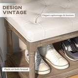 HOMCOM Banquette, Banc à Chaussures capitonnée, Bout de lit, 115 cm, 2 Niveaux étagère, Style Classique, piètement en Bois sculpté, rembourrée en Lin, Beige