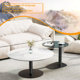FATIVO Lot de 2 Tables Basses Gigognes: Table Basse Ronde de Salon Design Table à Café Moderne en Pierre Frittée Blanche avec Petite Table Basse en Verre Grise - 80x38.5cm + 50x45cm