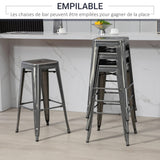 HOMCOM Lot de 4 tabourets de Bar Empilable Chaise de Bar Industriel avec Repose-Pied Hauteur d'Assise 76 cm, Cadre en métal, Style rétro, pour Salle à Manger, Balcon, bistrot ou Bar, Argent