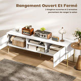 HOMCOM Meuble TV 140 cm, Meuble télé pour téléviseur jusqu'à 65 Pouces avec 2 Portes, 2 Compartiments Ouverts et Pieds en Acier, 2 Passe-câbles, Banc TV Moderne pour Salon, Chambre à Coucher, Blanc