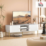 HOMCOM Meuble TV 140 cm, Meuble télé pour téléviseur jusqu'à 65 Pouces avec 2 Portes, 2 Compartiments Ouverts et Pieds en Acier, 2 Passe-câbles, Banc TV Moderne pour Salon, Chambre à Coucher, Blanc
