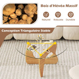 COSTWAY Table Basse Verre, Table Transparente Triangle, Plateau en Verre Trempé, Base en Bois de Caoutchouc Réglable, pour Salon