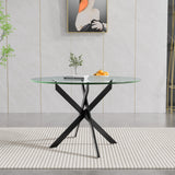 Binrrio Table de salle à manger ronde en verre de 120 cm, table de cuisine moderne pour 6 personnes avec pieds en métal noir, table de salle à manger transparente pour la maison, le bureau, la salle à