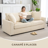 HOMCOM Canapé 3 Place Velours côtelé 210 cm, Design Moderne, 2 oreillers Inclus, Coussins à Ressorts, accoudoirs et Dossier rembourrés, pour Salon, Chambre, Bureau, crème