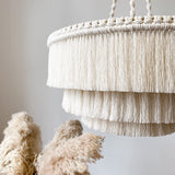 LAGOM Lustre bohème à 3 lumières à franges fait à la main, plafonnier bohème à franges en coton, 58,4 cm de large, couleur blanc crème