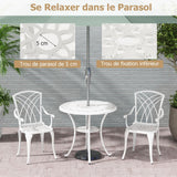 COSTWAY Ensemble Bistrot pour Patio 5 Pièces en Fonte d'Aluminium, Table Ronde avec Trou pour Parasol et 4 Chaises, Salon de Jardin Résistant aux Intempéries pour Jardin Terrasse, Blanc