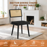 Lot de 2 Chaise Salle à Manger Art Deco,Chaise de cuisine avec velours Siège rembourrés,Pieds en bois,Dossier Rattan,Chaise à manger sans accoudoirs pour Salle à Manger,Cuisine,Salon(85x53x49cm,Noir)