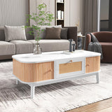 Sweiko Table basse en rotin blanc avec tiroirs en rotin et portes coulissantes avec lattes en bois massif, pieds en bois massif, 110 x 55 x 38,5 cm (L x l x H)