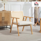 HOMCOM Fauteuil Relax pour Salon Chambre Confortable, Chaise cannage avec Dossier en rotin et Coussin rembourré et accoudoirs, Bois Naturel