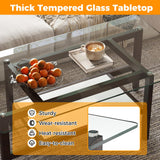 COSTWAY Table Basse Verre Trempé 2 Niveaux, Table Basse Rectangulaire, Pieds en Bois d'Hévéa, 107 x 60 x 42 cm