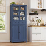 HOCSOK Buffet Cuisine, 180 cm Haut Vaisselier avec 2 Portes Vitrées, Armoire de Cuisine avec 4 Portes et 2 Tiroirs, Vitrine pour Salle à Manger, Bureau, Salon, Moderne, Bleu