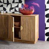 sweeek - Buffet Exotique 4 Portes. décor Bois de manguier rainuré. Buffet Bas. poignées en métal doré. L 160 x P 40 x H 75cm