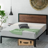 Zinus Mory Lit 140x190 cm - Hauteur du cadre de lit 30 cm - Plate-forme en métal et bois avec tête de lit - Marron