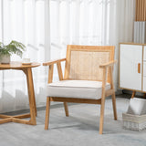 HOMCOM Fauteuil de Salon Confortable Chaise en Rotin avec Coussin épais- Dossier en cannage - Assise Profonde - Structure en Bois hévéa Aspect Lin Beige