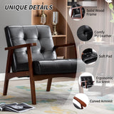 Fauteuil vintage en cuir avec structure en bois et design touffeté rétro pour salon, chambre à coucher et salle de réception Noir