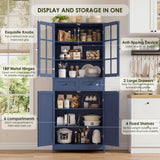 HOCSOK Buffet Cuisine, 180 cm Haut Vaisselier avec 2 Portes Vitrées, Armoire de Cuisine avec 4 Portes et 2 Tiroirs, Vitrine pour Salle à Manger, Bureau, Salon, Moderne, Bleu