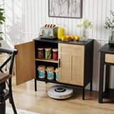 GOPLUS Armoire de Rangement, Buffet avec 2 Portes en Rotin Naturel, Étagère Réglable en 3 Positions, Pieds Métalliques, Kits Antibasculement, Meuble Autonome pour Cuisine, Salle à Manger (Noir)