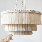 LAGOM Lustre bohème à 3 lumières à franges fait à la main, plafonnier bohème à franges en coton, 58,4 cm de large, couleur blanc crème