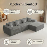 Yeecle Canapé d'angle modulaire 3 places avec ottoman, aspect velours côtelé beige, mousse haute densité, 277 x 165,5 cm, emballé sous vide, pas de montage (gris)