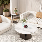 FATIVO Lot de 2 Tables Basses Gigognes: Table Basse Ronde de Salon Design Table à Café Moderne en Pierre Frittée Blanche avec Petite Table Basse en Verre Grise - 80x38.5cm + 50x45cm