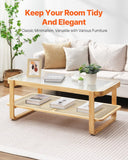 VEVOR Table Basse Rectangulaire en Rotin, Table de Salon avec Plateau en Verre Trempé, Meuble de Rangement Bohème Moderne de 115 cm, avec Pieds en Bois Naturel, pour Chambre et Petits Espac