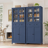 HOCSOK Buffet Cuisine, 180 cm Haut Vaisselier avec 2 Portes Vitrées, Armoire de Cuisine avec 4 Portes et 2 Tiroirs, Vitrine pour Salle à Manger, Bureau, Salon, Moderne, Bleu