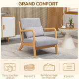 HOMCOM Fauteuil de Salon avec Cadre en Bois Massif Fauteuil Lounge - Assise Profonde - accoudoirs - Aspect Velours Gris