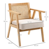 HOMCOM Fauteuil de Salon Confortable, Chaise en rotin avec Dossier en cannage, Coussin épais, Assise Profonde, Structure en Bois hévéa Tissu Aspect Lin Beige