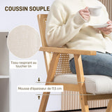 HOMCOM Fauteuil Relax pour Salon Chambre Confortable, Chaise cannage avec Dossier en rotin et Coussin rembourré et accoudoirs, Bois Naturel