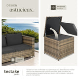 TecTake® Ensemble Salon de Jardin Exterieur en Poly Rotin 4 Personnes, 2 Canapés modulables, Coffre de Rangement et Table de Jardin en Verre Inclus, Mobilier de Jardin pour Amenagement Balcon