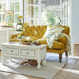 Loberon Canapé Carme, Chesterfield, surpiqué, toucher doux, aspect élégant, housses de coussin amovibles, meubles de siège, bois de manguier, velours de polyester, polyester, jaune