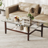 COSTWAY Table Basse Verre Trempé 2 Niveaux, Table Basse Rectangulaire, Pieds en Bois d'Hévéa, 107 x 60 x 42 cm