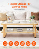VEVOR Table Basse Rectangulaire en Rotin, Table de Salon avec Plateau en Verre Trempé, Meuble de Rangement Bohème Moderne de 115 cm, avec Pieds en Bois Naturel, pour Chambre et Petits Espac