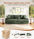 Kidirect Canapé Confortable en Velours côtelé de 221CM, 53 cm Siège Extra Profond, Montage sans Outils, Grand canapé 3 Places avec 2 Coussins, Canapé Moderne pour Chambre à Coucher, Vert forêt