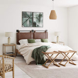 Nathan James Harlow Tête de lit rembourrée en Tissu avec Sangles en Cuir PU Vintage et Rails en métal Noir Mat, Métal Cuir, Marron/Noir, Queen Size