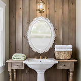 Sintosin Miroir Mural Ovale Baroque 54 x 40 cm, Miroirs Vintage Blancs Déprimés pour Le Salon, Miroirs en Bois pour Salle de Bain, Entrée, Miroir Mural Design horizontaux ou verticaux