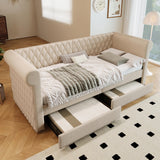 YESGIGA Tête de lit vintage capitonnée 90 x 200 cm, canapé-lit, lit de jour avec 2 tiroirs de rangement, lit pour enfant, adolescent avec sommier à lattes en bois (beige)
