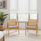 COSTWAY Lot de 2 Fauteuils de Salon 1 Place, Fauteuil Relax avec Cadre en Bois d’Hévéa, Fauteuil d'Appoint avec Dossier en Rotin Respirant & Coussin Amovible, pour Bureau, Salle d'Étude, Charge 135KG