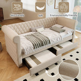 YESGIGA Tête de lit vintage capitonnée 90 x 200 cm, canapé-lit, lit de jour avec 2 tiroirs de rangement, lit pour enfant, adolescent avec sommier à lattes en bois (beige)