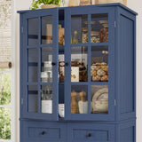 HOCSOK Buffet Cuisine, 180 cm Haut Vaisselier avec 2 Portes Vitrées, Armoire de Cuisine avec 4 Portes et 2 Tiroirs, Vitrine pour Salle à Manger, Bureau, Salon, Moderne, Bleu