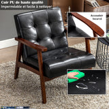HomeMiYN Fauteuil Salon Vintage en Cuir, Fauteuil en Bois Massif, Fauteuil d'appoint Vintage Rembourrage Épais et Dossier Ergonomique pour Salon, Chambre, Café, Bureau Noir