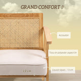 HOMCOM Fauteuil de Salon Confortable, Chaise en rotin avec Dossier en cannage, Coussin épais, Assise Profonde, Structure en Bois hévéa Tissu Aspect Lin Beige