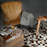 Tabouret Rectangle en Bois recyclé et Peau de Vache