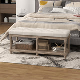 HOMCOM Banquette, Banc à Chaussures capitonnée, Bout de lit, 115 cm, 2 Niveaux étagère, Style Classique, piètement en Bois sculpté, rembourrée en Lin, Beige