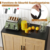 GOPLUS Armoire de Rangement, Buffet avec 2 Portes en Rotin Naturel, Étagère Réglable en 3 Positions, Pieds Métalliques, Kits Antibasculement, Meuble Autonome pour Cuisine, Salle à Manger (Noir)