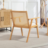 HOMCOM Fauteuil Relax pour Salon Chambre Confortable, Chaise cannage avec Dossier en rotin et Coussin rembourré et accoudoirs, Bois Naturel